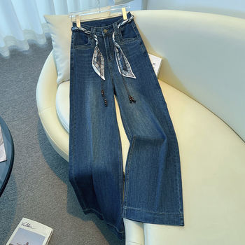 Denim blue wide leg jeans ຂອງຜູ້ຍິງ 2026 spring new high waisted loose ribbon great-looking narrow straight pants
