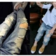 Quần jeans bé gái mùa thu 2018 mới Hàn Quốc cho bé lỗ thông thường quần denim mềm mại