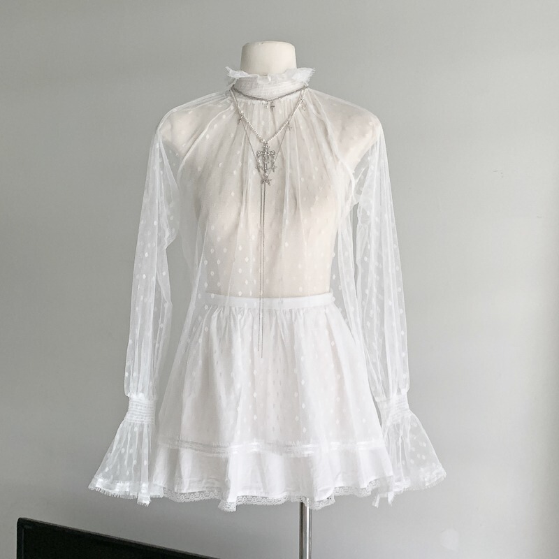 New Long-Sleeved Lace Shirt with Ruffled Sleeves, Transparent Hollow-Out Base Shirt, Soft Lace, Pure Desire Style Chiffon Shirt for Women