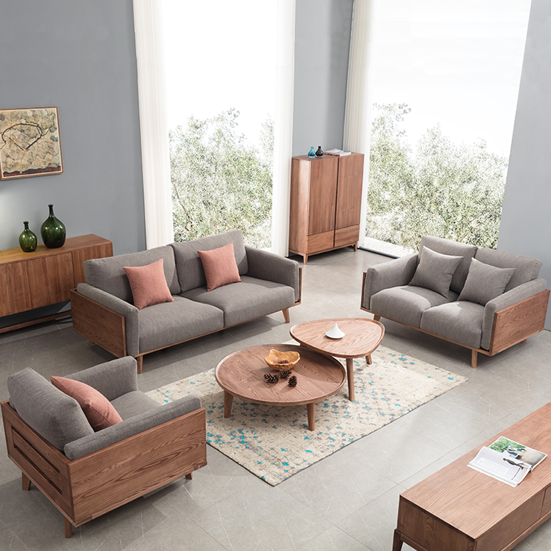Ash wood solid wood sofa modern minimalist living room tea table TV cabinet set light luxury minimalist furniture