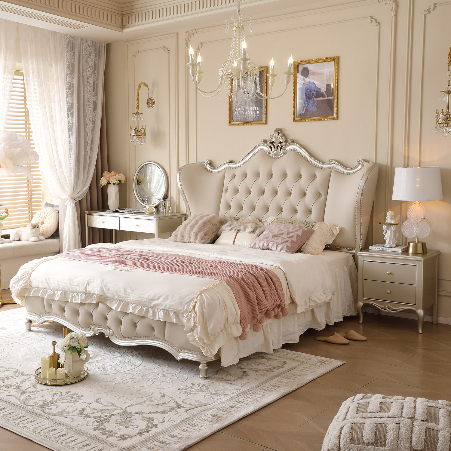 2026年新作ヨーロピアンスタイルマスターベッドルームベッド、高級でエレガントな1.8メートルダブルベッド、フレンチ＆アメリカンスタイルの本革と無垢材のベッド、ウェディングベッド