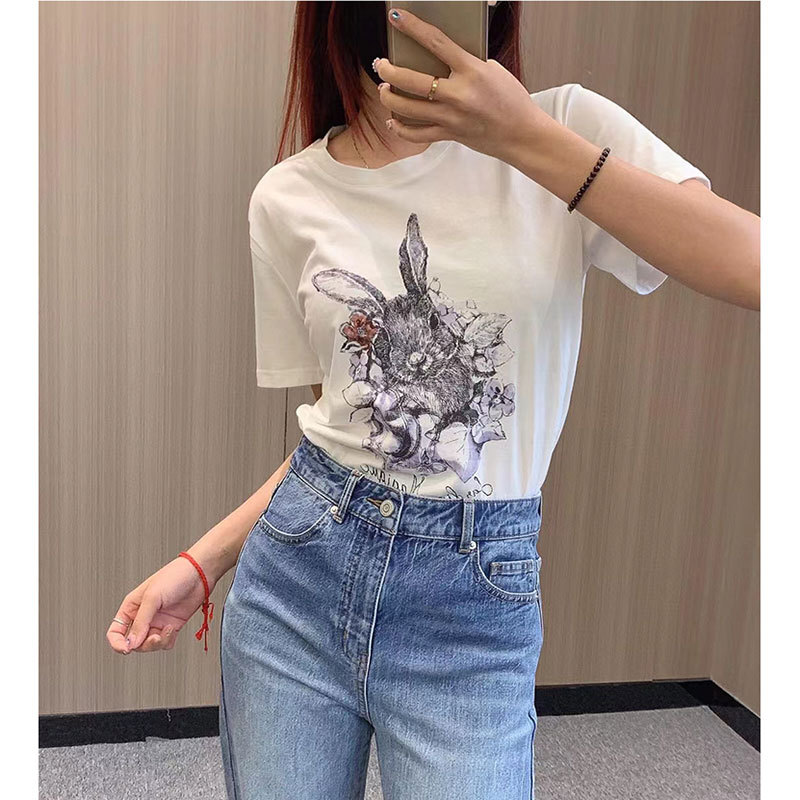 2025 Early Spring New Women's Short-Sleeved White Linen Cotton Top Loose Round Neck Rabbit Print Feminist T-Shirt