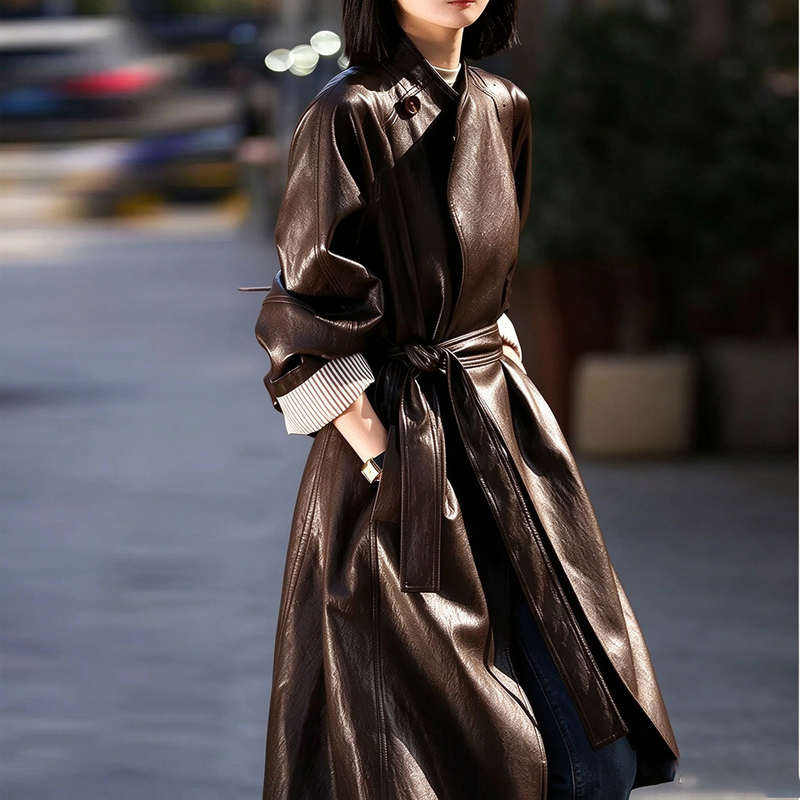 High-End Light Luxury Brown Leather Jacket for Women, Stylish Spring and Autumn New Korean Style Mid-Length Stand Collar Pu Leather Trench Coat Trend