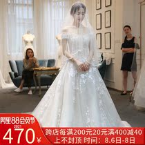 Word shoulder main wedding dress bride 2021 spring and summer new Korean dream long tail simple Qi princess