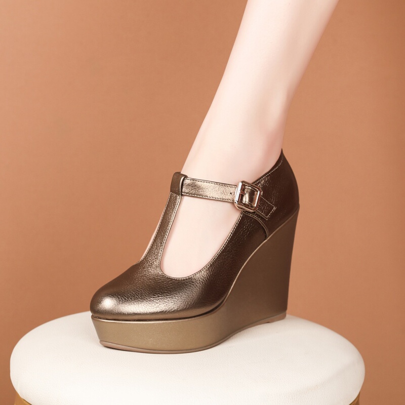 10.5cm Thick-Soled Single Shoes with High Heels, Wedge Heels, Round Toe, Waterproof Platform, Shallow Mouth, T-Strap, Height-Increasing Shoes for Spring and Autumn