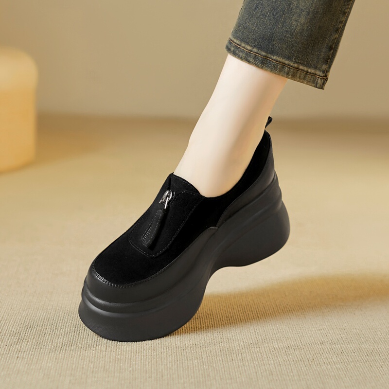 9cm Sheepskin Genuine Leather Thick-Soled Shoes, Spring Deep-Cut Single Shoes, High-Heeled Wedge Heels, Height-Increasing Comfortable Platform Shoes for Petite Individuals