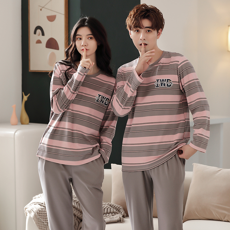 Couple pajamas women's spring autumn winter cotton long-sleeved Korean striped cotton cute ladies home clothes two-piece set