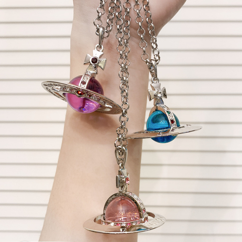 Nanaspace - Same Style Advanced Version with Rhinestones, Colored Glass Ball, Saturn Large Sweater Chain Necklace, Flying Saucer