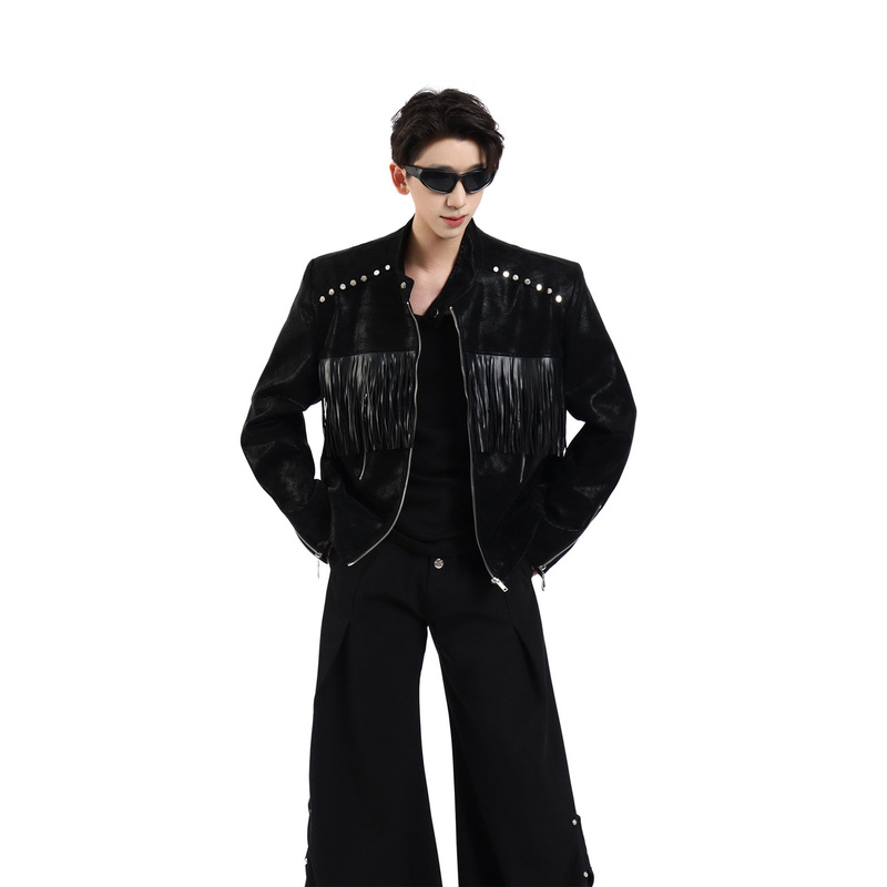 Unbound Niche Stand-Collar Studded Leather Jacket for Men, Autumn High-End Tassel Stylish Short Jacket Unbound Niche Stand-Collar Studded Leather Jacket for Men, Autumn High-End Tassel Stylish Short Jacket