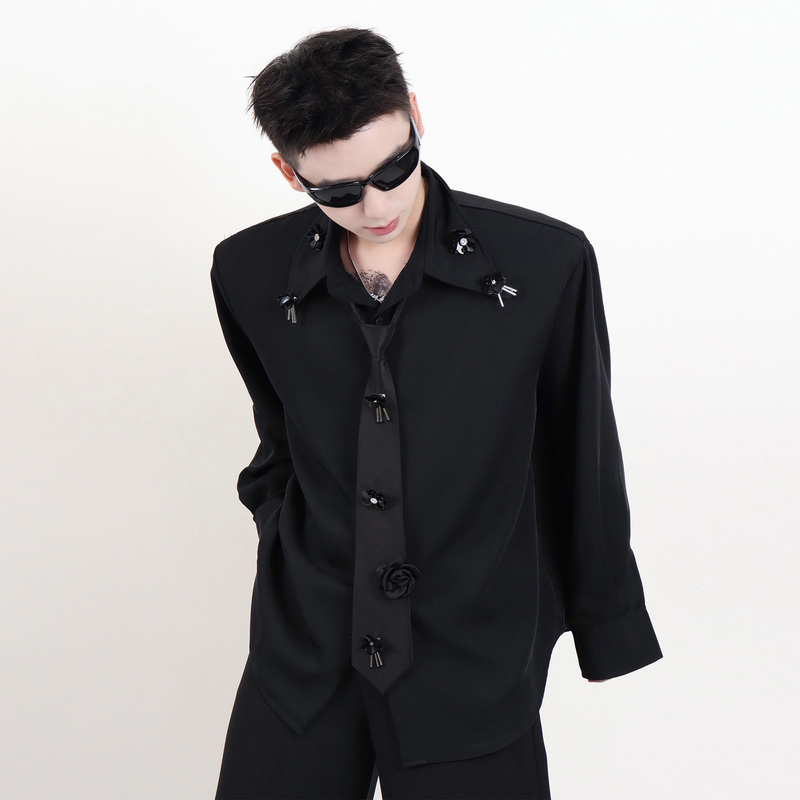 Oseme Niche Tie Floral Design Long-Sleeve Shirt for Men, High-End, Cool and Casual, Loose Shoulder-Padded Shirt Oseme Niche Tie Floral Design Long-Sleeve Shirt for Men, High-End, Cool and Casual, Loose Shoulder-Padded Shirt