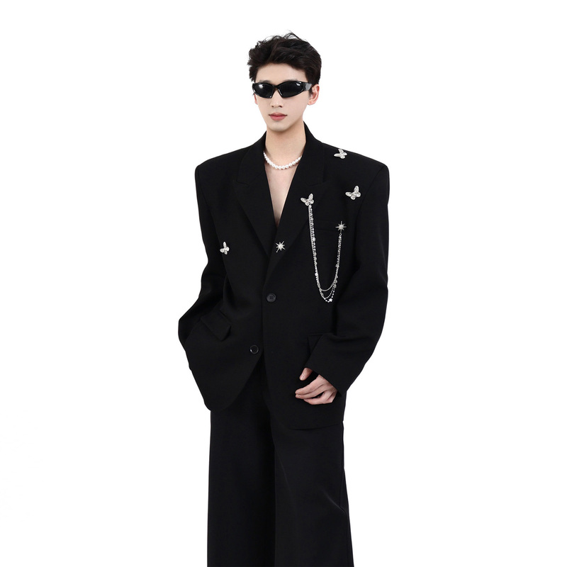 Unbound Black Designer Blazer for Men, Niche Deconstructed Metal Light Luxury Shoulder-Padded Loose Casual Suit