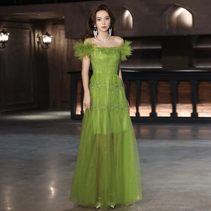 One-Shoulder Green Forest-Style High-End Evening Dress 2026 Spring New Model Host Annual Meeting Birthday Long Dress