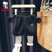 SNOOPY SNOOPY boys and girls fake two pieces plus velvet pants children 2021 Winter new pants baby trousers