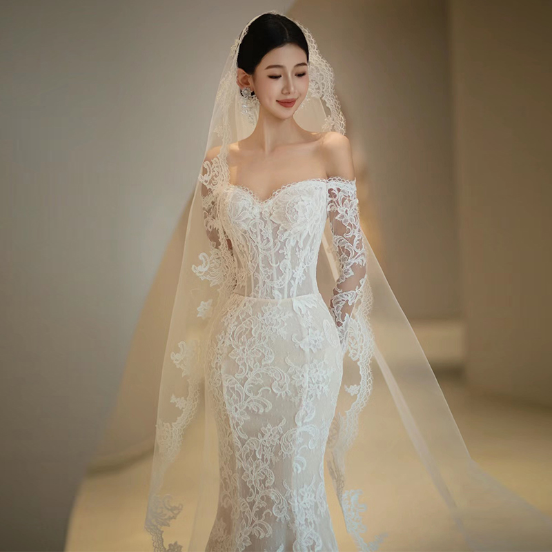 One word shoulder lace light wedding dress 2024 bride senior welcome long sleeves out door yarn One word shoulder lace light wedding dress 2024 bride senior welcome long sleeves out door yarn