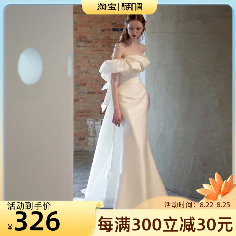 Vintage satin light wedding dress 2022 new temperament elegant slim out of the door gauze sexy word shoulder evening dress