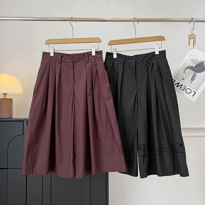 Spring and Summer New Casual Versatile Pleated Cotton Wide-Leg Cropped Pants for Women