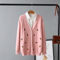 Large size New knitwear fat mm Korean loose cotton cardigan pineapple embroidered cardigan female v-neck sweater coat