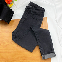 Smoke gray jeans womens spring and autumn 2021 new high waist stretch tight skinny black small feet pencil nine-point pants