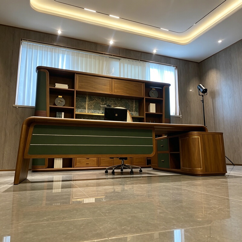 New Chinese-Style High-End Olive Green Executive Desk with Side Table, 2026 New Model High-End Chairman's Office Desk