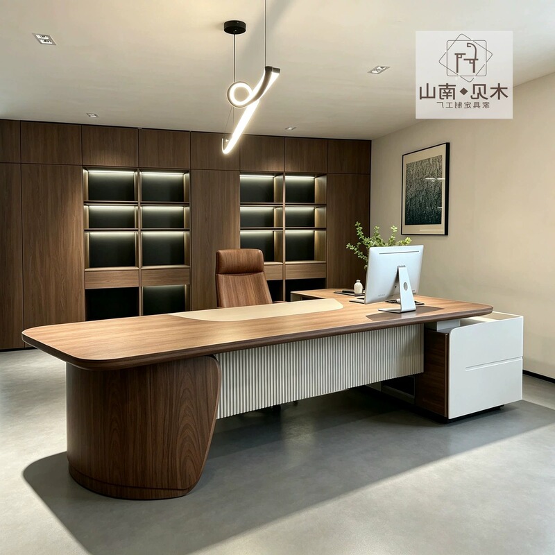 Light Luxury Modern Solid Wood Executive Desk with a High-End Feel, Ceo Desk with Side Cabinet, Boss Desk in Black Walnut Wood