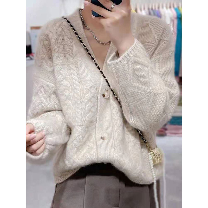 2026 New V-Neck 100% Pure Wool Cardigan for Women, European Style, Thick Twisted Pattern, Coarse Knit Sweater, Cashmere Sweater Coat