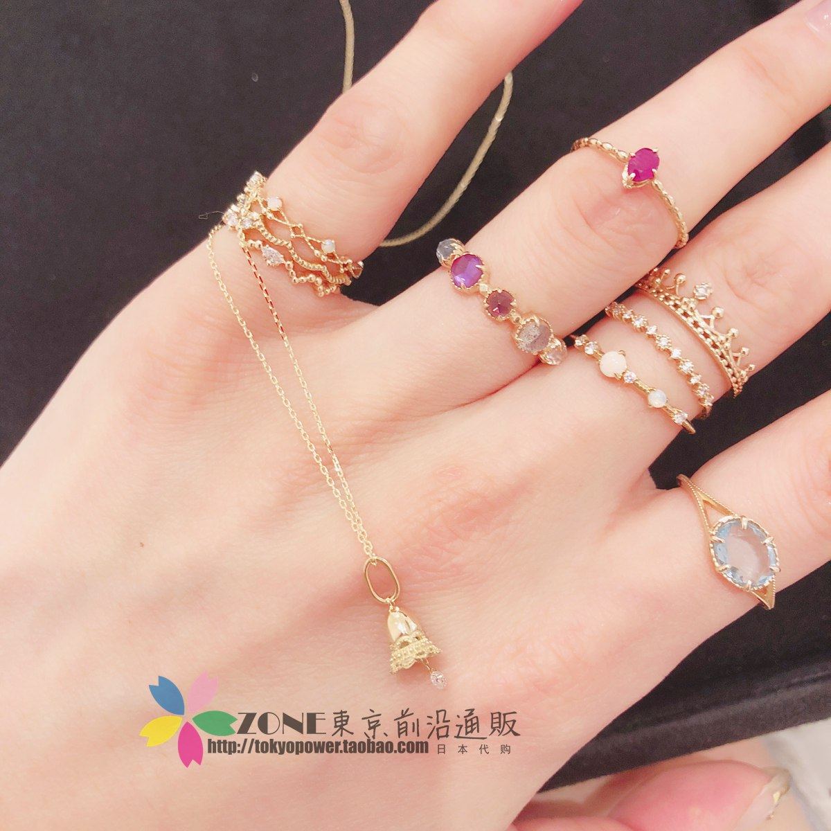 Japanese AHKAH delicate flower water drill bell 18K gold necklace choker leather earring