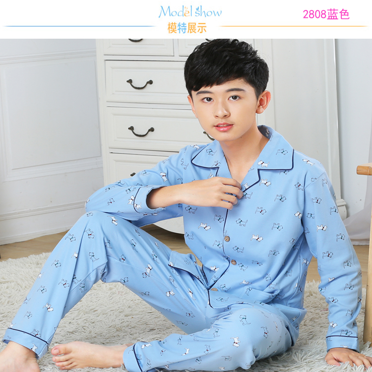 Nam đồ ngủ bé trai 12-15 tuổi trẻ em trai mùa xuân và mùa thu cotton học sinh trung học cơ sở trẻ em lớn trẻ em phù hợp với bông quần áo ngủ nam