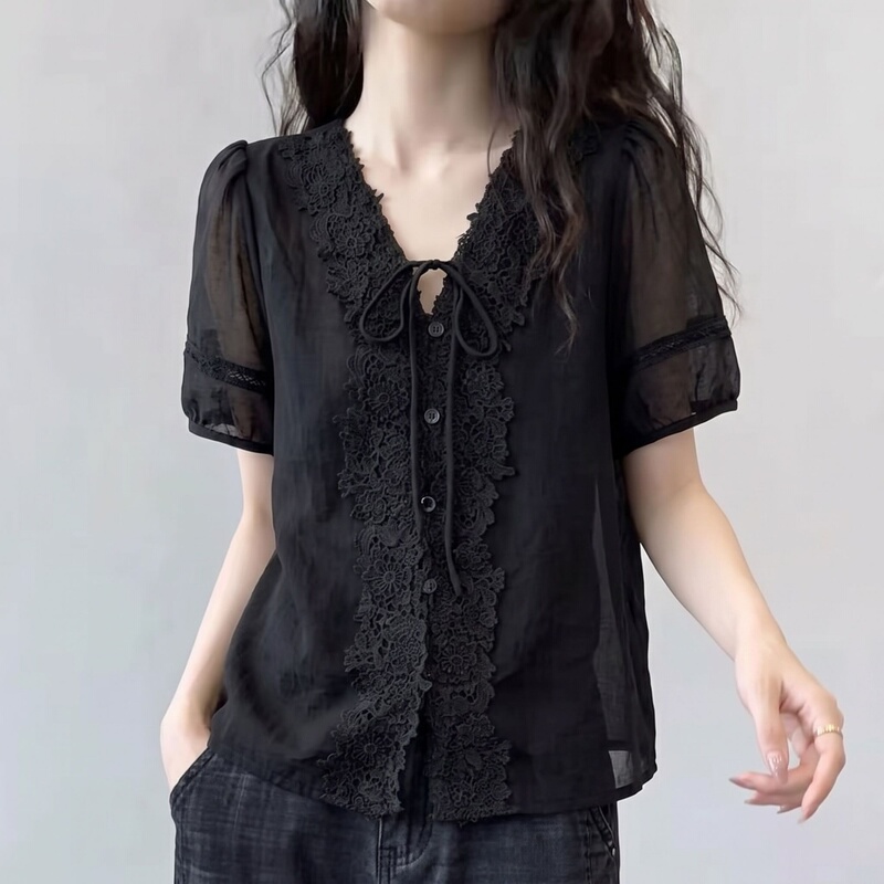 Black Heavy-Duty Water-Soluble Lace Lace-Up Short-Sleeved Shirt for Women, Plus Size, Thin and Sheer Puff Sleeves, Elegant Commuter Top