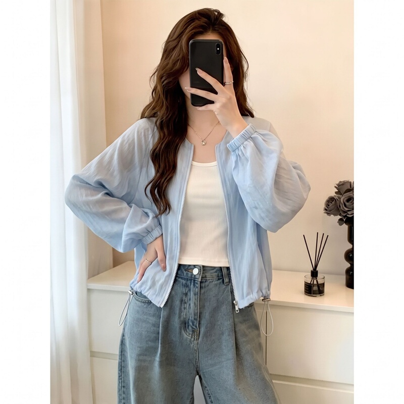 Light Blue Textured Round-Neck Zip-Up Drawstring Hem Short Sun Protection Jacket for Women Plus Size Lantern Sleeve Sun Protection Cardigan Light Blue Textured Round-Neck Zip-Up Drawstring Hem Short Sun Protection Jacket for Women Plus Size Lantern Sleeve Sun Protection Cardigan
