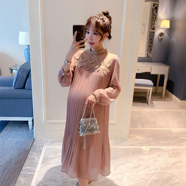 Pregnant women autumn dress Korean style loose fashion net red fairy go out long-sleeved chiffon dress spring and autumn