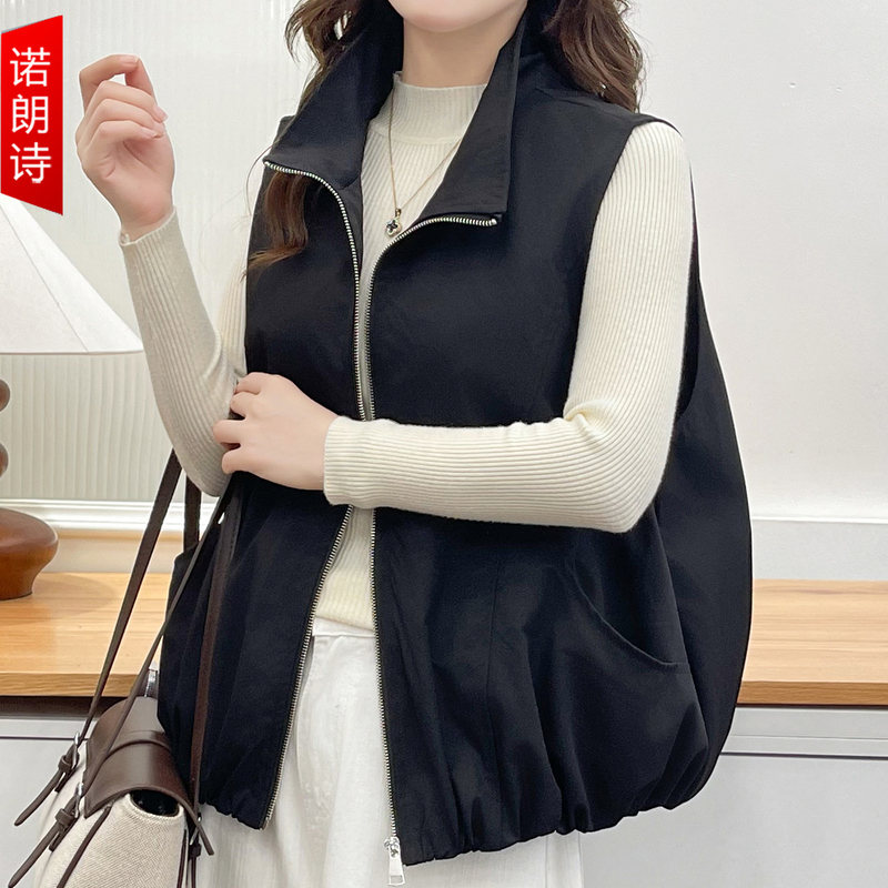 Plus-Size Black Stand-Up Collar Vest for Women, Extra Large Size, Zippered Workwear Casual Sleeveless Jacket, Stylish Vest for Plus-Size Women