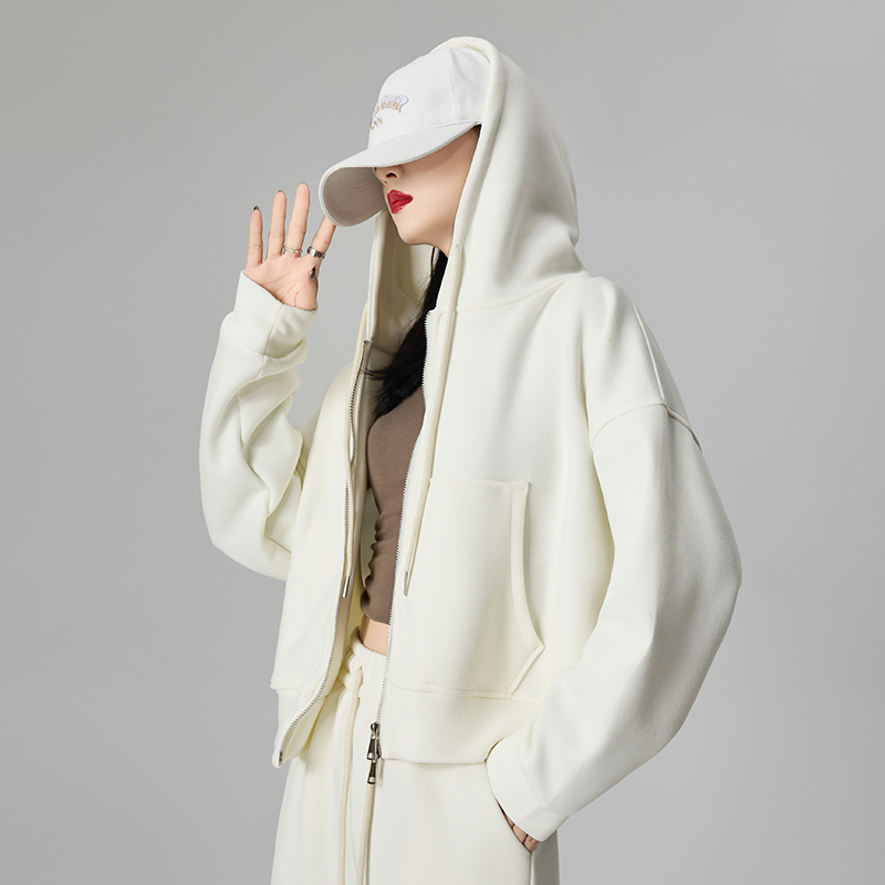 Off-White Zip-Up Hoodie for Women 2026 New Style, Spring and Autumn Korean Version, Loose Fit, Slimming Top, Jacket, Versatile for Autumn and Winter
