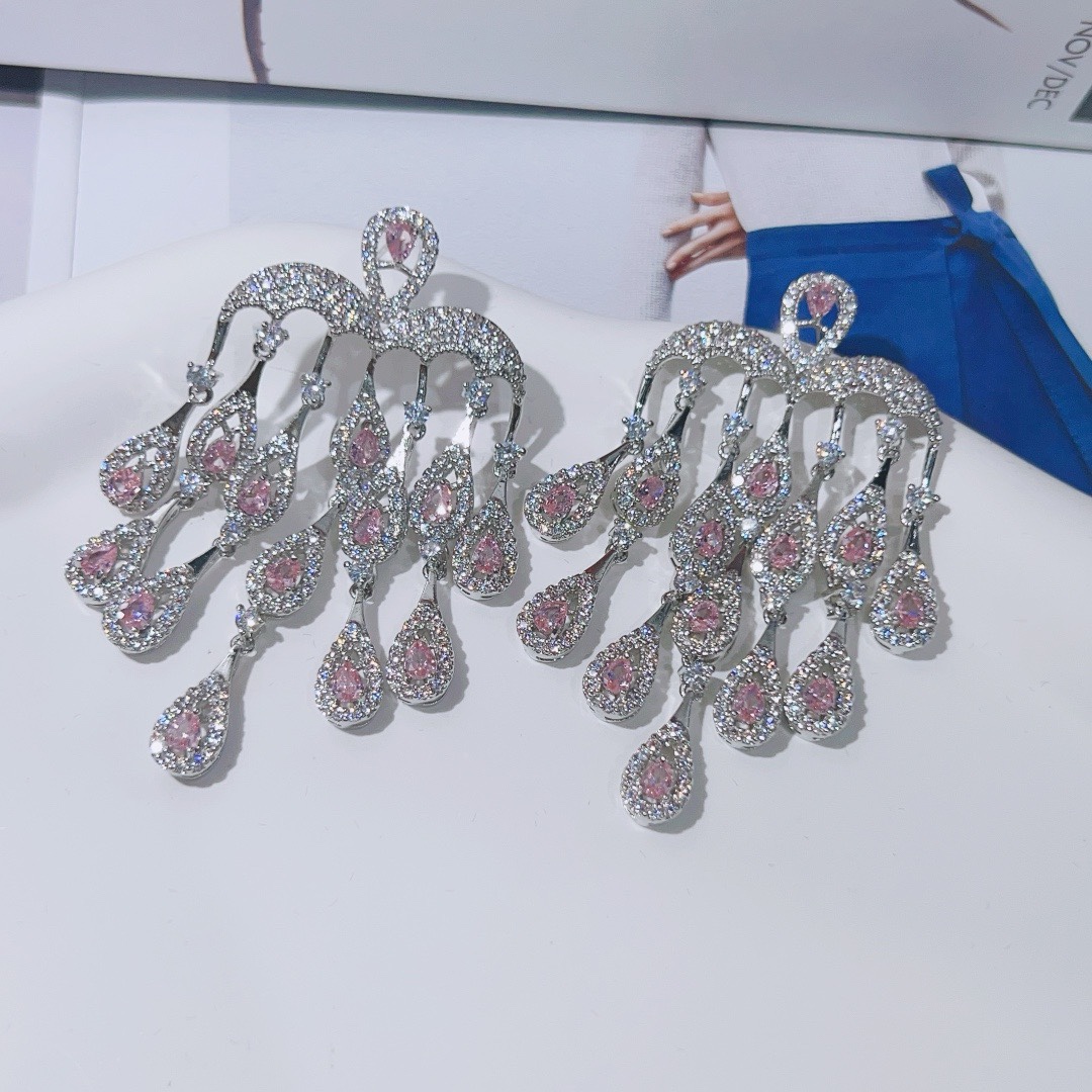 s925 pure silver needle earrings nail luxurious large female main temperament European and American wind zircons pendant female wedding gown accessories-Taobao