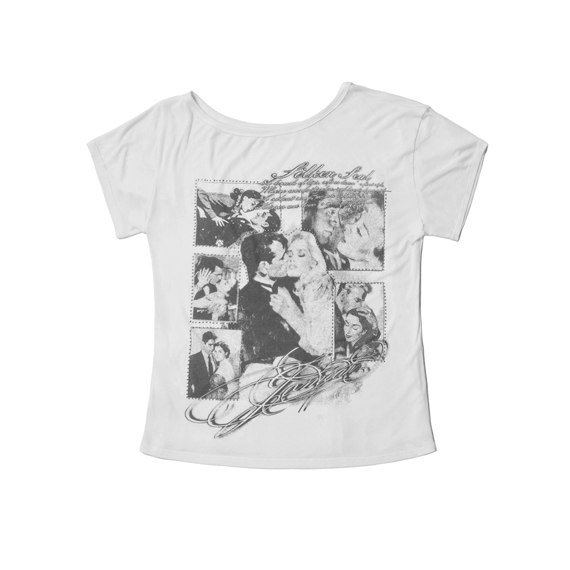Jomeah Asymmetrical Shoulder Tencel Slightly Sheer Relaxed Fit Loose Short Sleeve T-Shirt Vintage Casual American Movie Print with Rhinestones