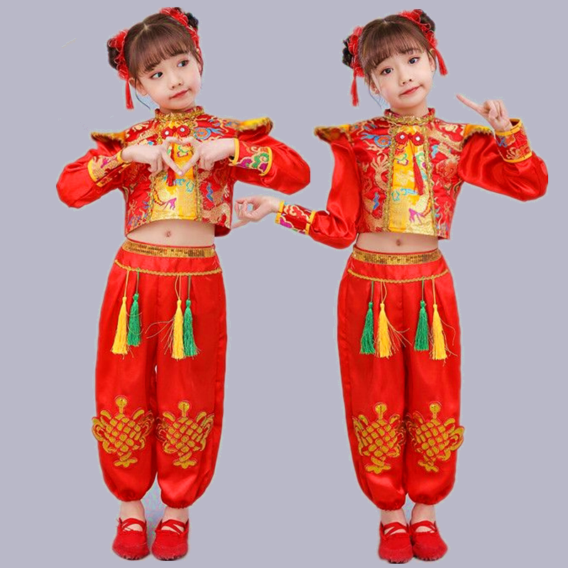 Rap China's Red Ethnic Wind New Year's Children's New Year's Eve Children's Performance Festive Shoots to Beat Drum Suit Lantern Dance Performance Suit