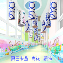 Creative blue and white cartoon summer fresh round paper tube cardboard hanging kindergarten school indoor corridor hanging