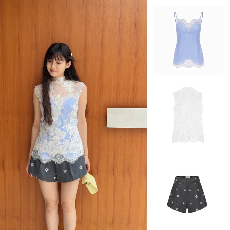 Ming Ma 2025 Spring/Summer New Lace Patchwork Lace Blouse Jennie Same Style