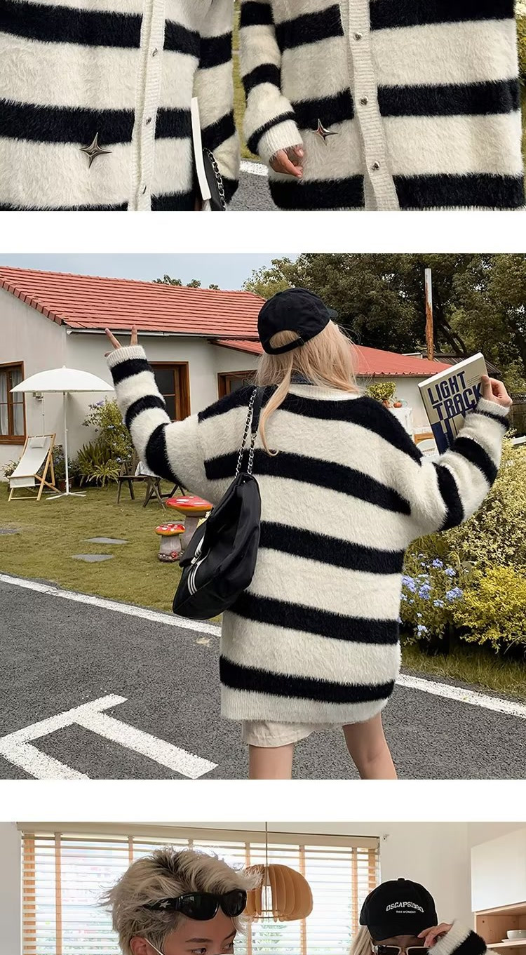 Damen Cardigan Strickjacke Gestreift Lockerer Lazy Style Pullover_voghion.com