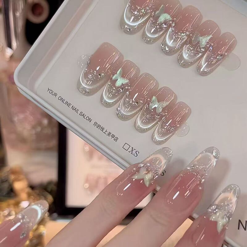 Trendy Blush Gradient Ice-Clear Flower Sparkling Glass Beads High-End Brightening Handmade Detachable Press-On Nails