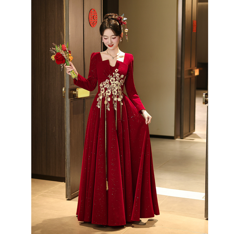 Plus Size Toast Dress for Bride 2026 New Style Burgundy Long-Sleeved Wedding Engagement High-End Banquet Dress for Women Autumn and Winter