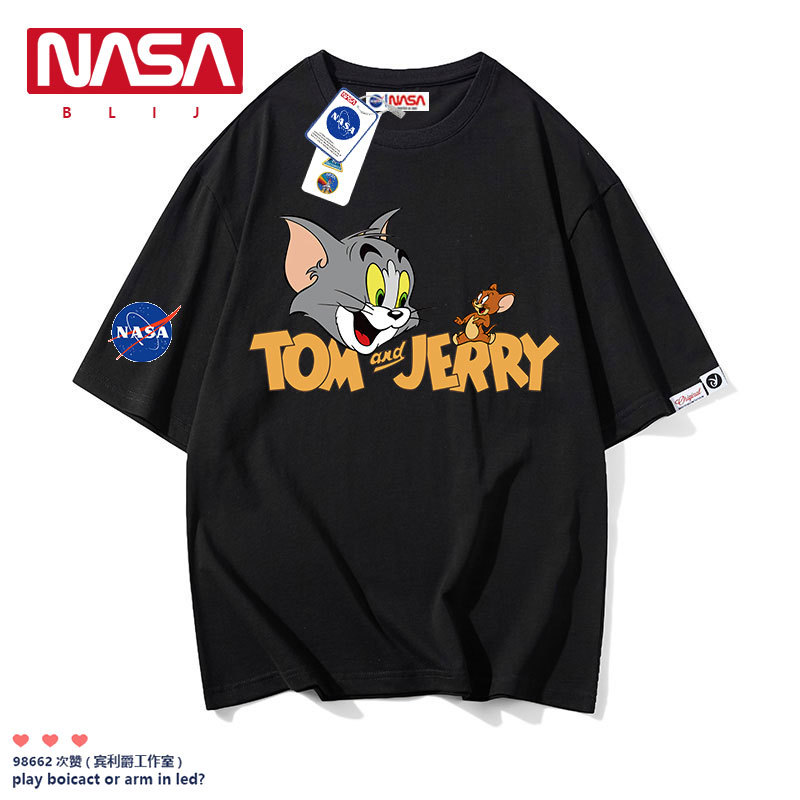 Nasa Co-Branded Tom and Jerry T-Shirts for Men and Women, Half-Sleeved Summer Style Couple Outfits, Tom and Jerry Merchandise Tops