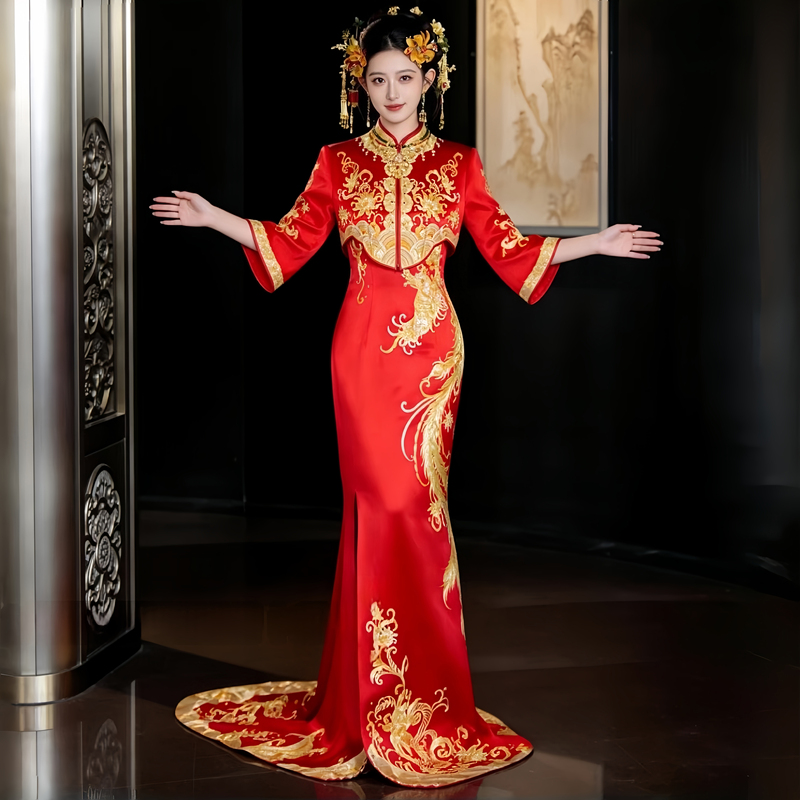New Chinese-Style Heavy Gold Thread Embroidery Red Cheongsam Wedding Dress for the Bride 2026 New Model Mermaid Gown with Train New Chinese-Style Heavy Gold Thread Embroidery Red Cheongsam Wedding Dress for the Bride 2026 New Model Mermaid Gown with Train