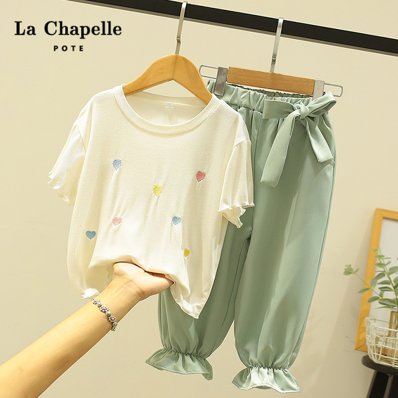 Lashabelle children's clothing girl's tennis red suit for girls summer clothing children short sleeve bunches casual pants two sets