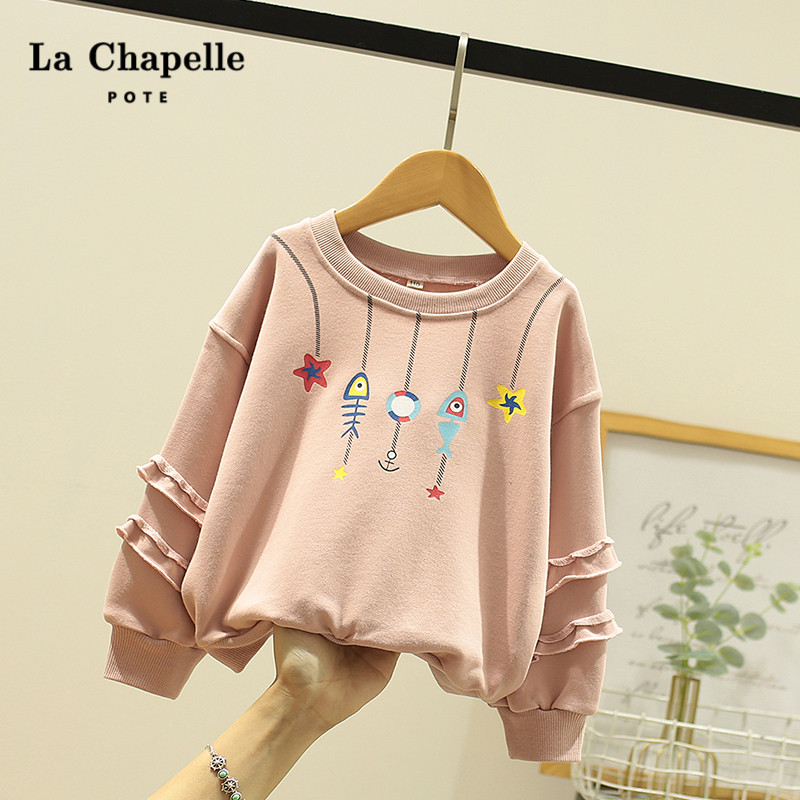 Lashabelle children's clothing girl's thick T-shirt spring clothing 2022 new foreign sends children round collar spring autumn sets to hit bottom blouses