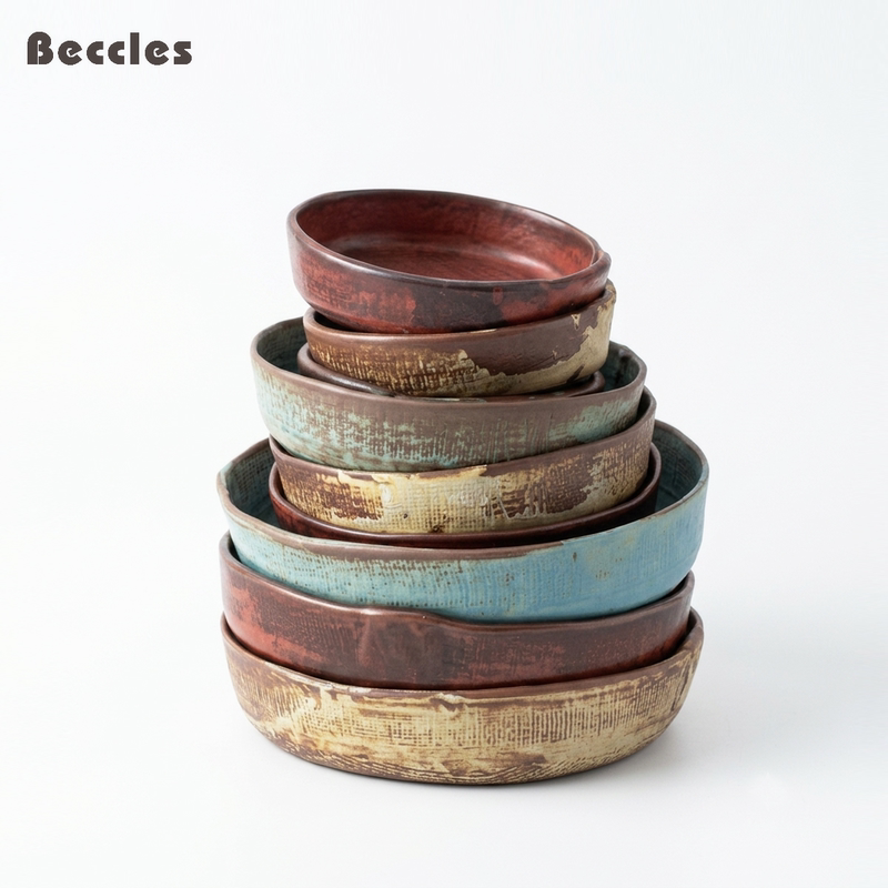 Beccles Rustic Pottery Linen-Textured Western-Style Plate Soup Plate Retro Deep Plate Restaurant Fruit Salad Plate Rustic Style Plate