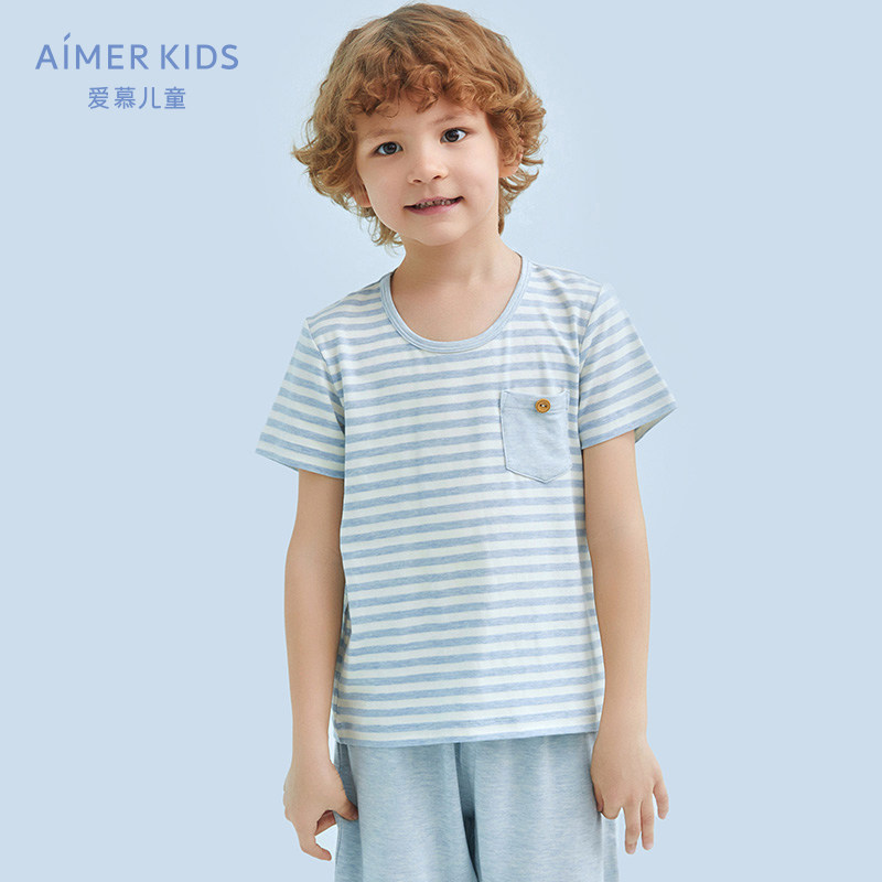 AIMER Children's Home Boy Boy Baby Boy Summer Short Sleeve Pyjamas 50% Sleeping Pants Plant Dyeing Fabric