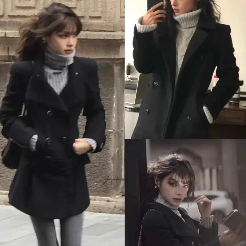 Blogger Ranran's Same Style Black Woolen Trench Coat for Women, Mid-Length, Petite, Slim-Fit Woolen Coat