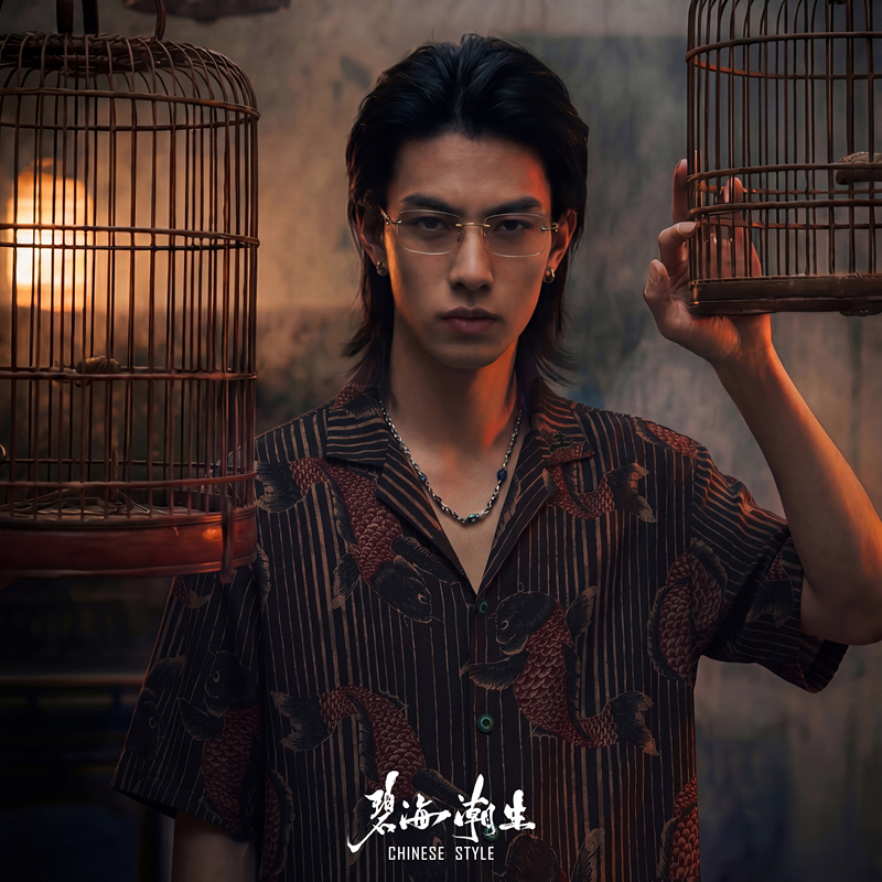 Blue Sea Ripples [Dragon Gate Golden Carp/Black] Spring/Summer New Chinese Style Printed Lightweight Casual Short-Sleeve Floral Shirt