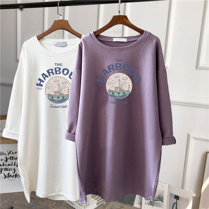 Pure cotton long sleeve T-shirt female blouse with long version large size lenient Korean version of pregnant woman Nehitch fit in white spring and autumn clothes