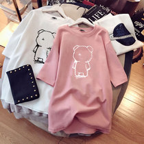 Short sleeve round collar t-shirt woman medium length jacket loose Korean version big code pure cotton pregnant woman 2022 new female summer thin